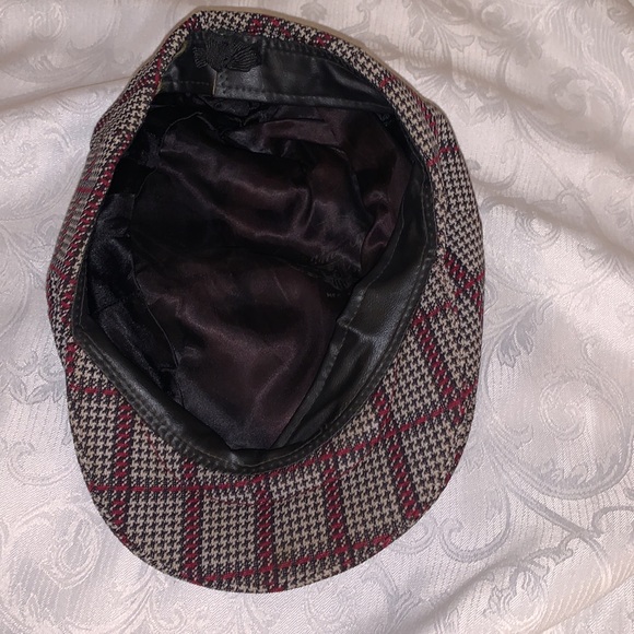 Vintage newsboy, houndstooth tweed/wool/ leather hat by Gramercy , size 7 1/8 - Picture 5 of 16